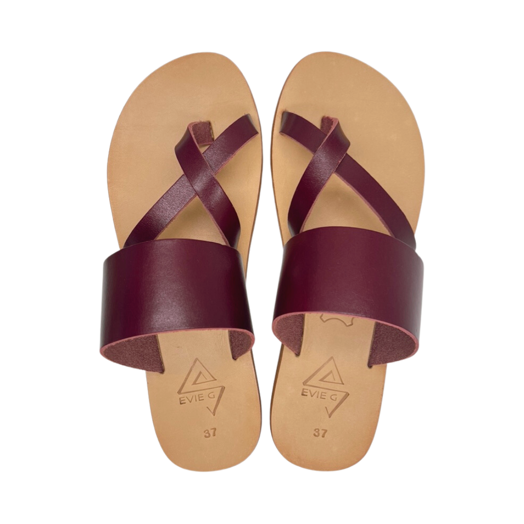 pair of red leather sandals from the top