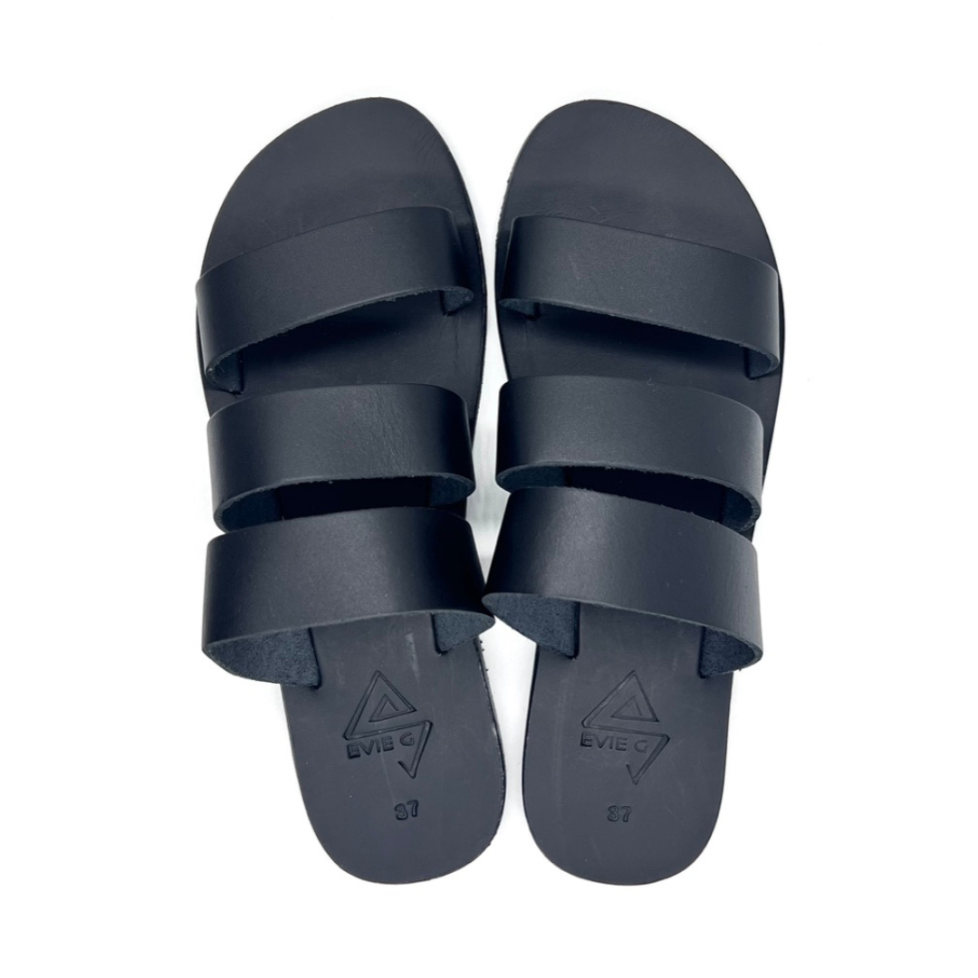 pair of black leather sandals from the top