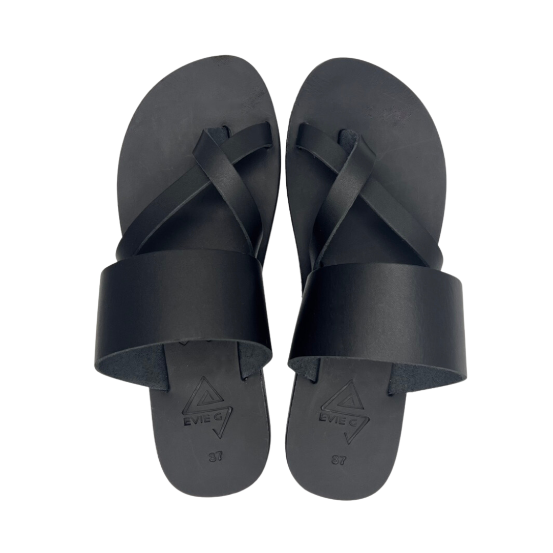pair of black leather sandals from the top