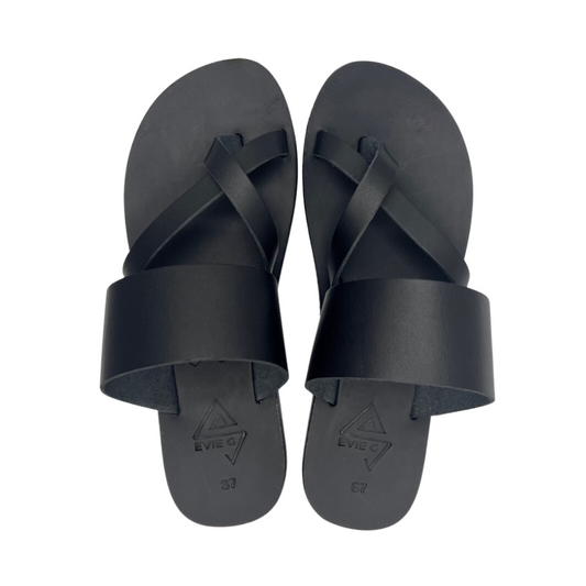pair of black leather sandals from the top