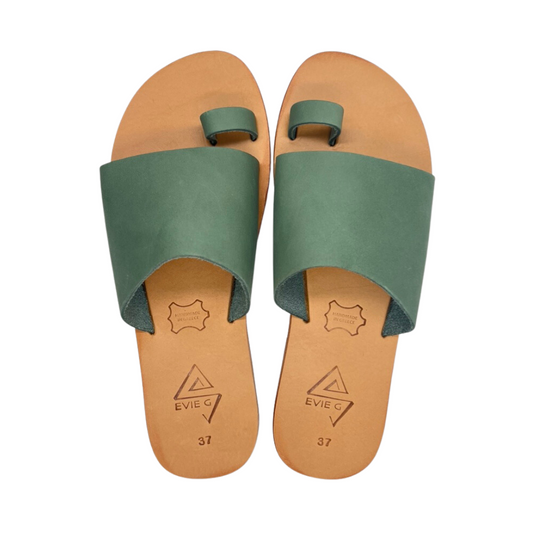 pair of green leather sandals from the top