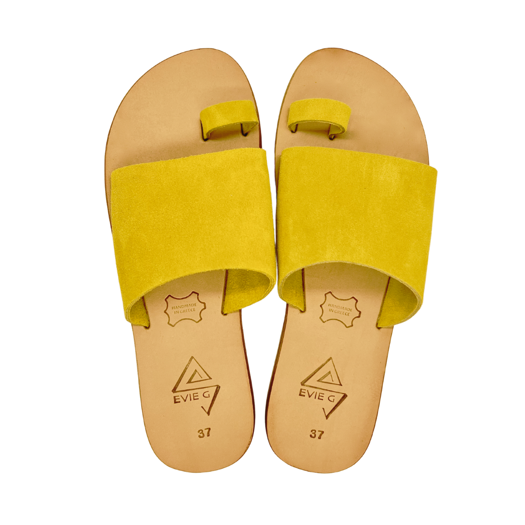 pair of yellow leather sandals from the top