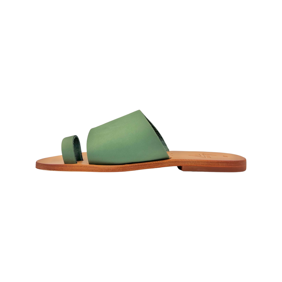pair of green leather sandals from the top