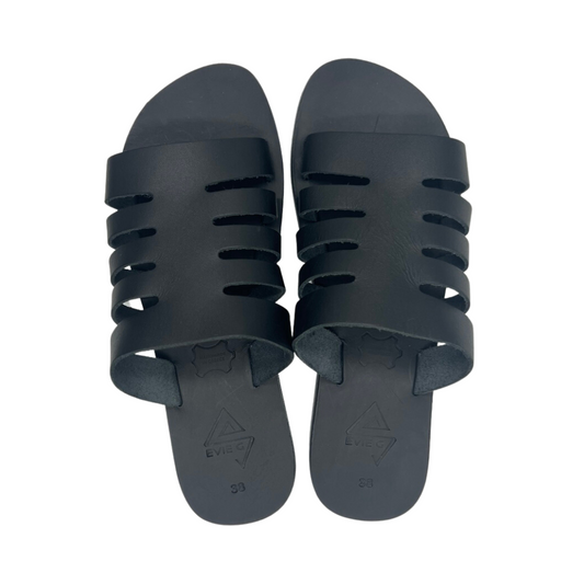 pair of black leather sandals from the top