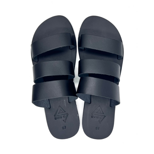 pair of black leather sandals from the top