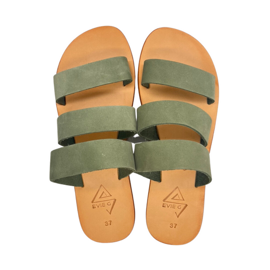 pair of sage colour leather sandals from the top
