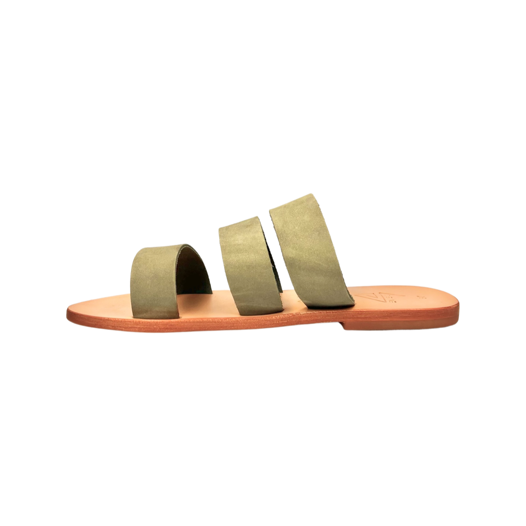 pair of sage colour leather sandals from the side
