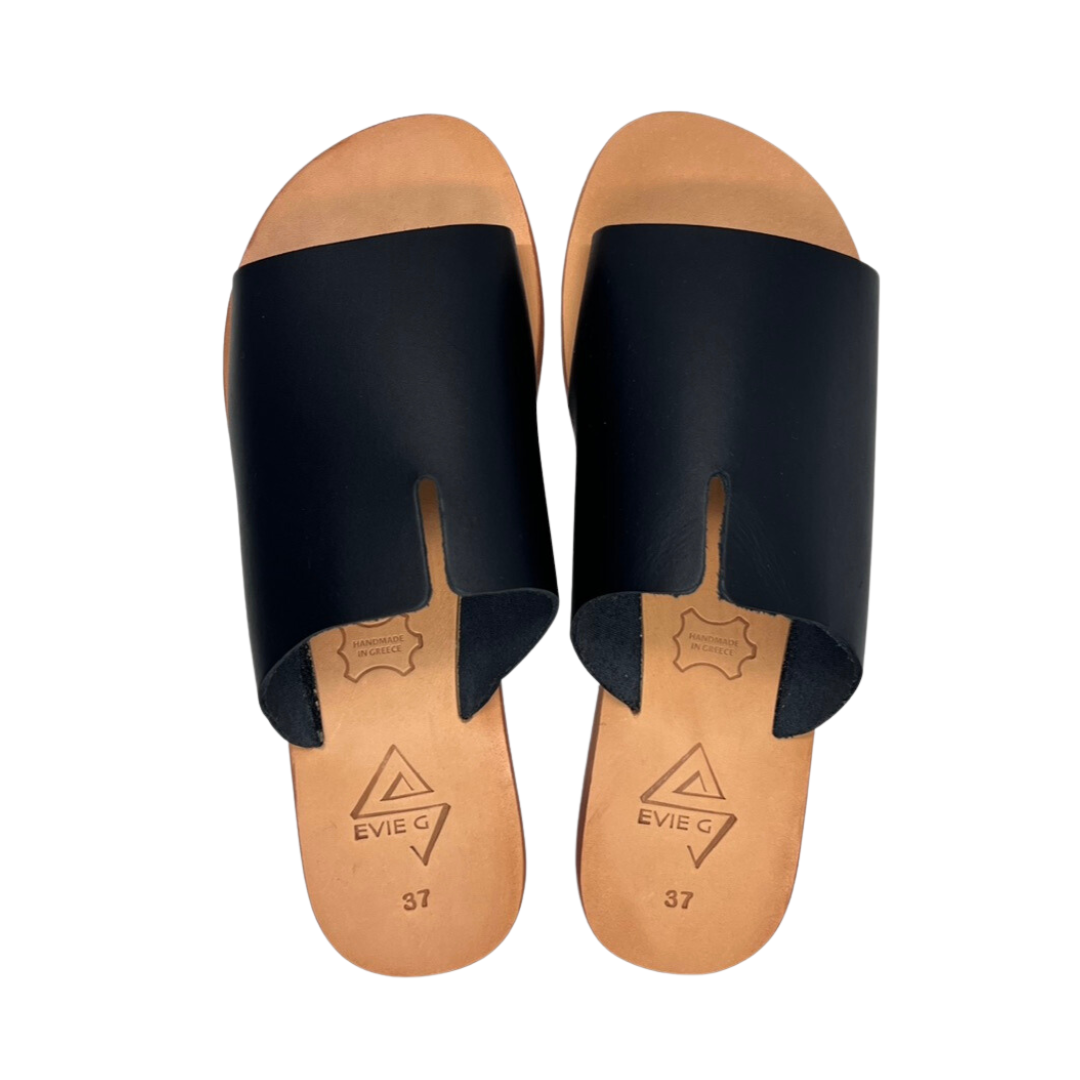 pair of black leather sandals from the top
