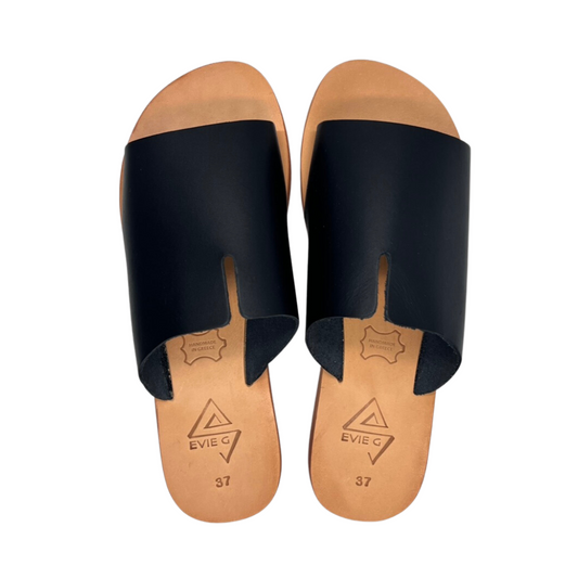 pair of black leather sandals from the top