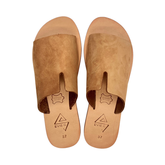 pair of beige leather sandals from the top