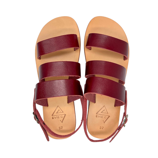 pair of red leather sandals from the top