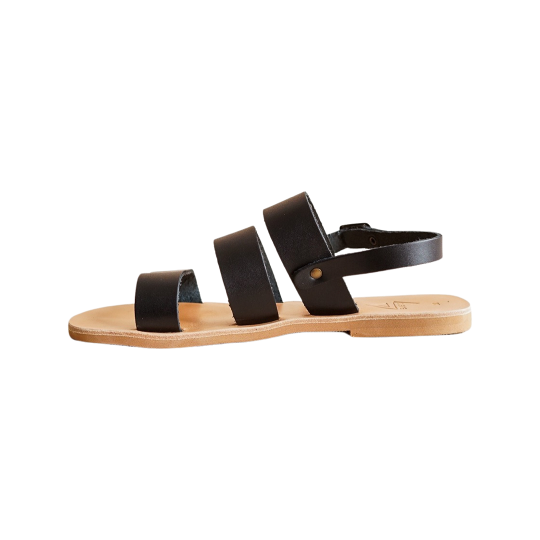 pair of black leather sandals from the side
